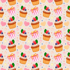Hand drawn seamless pattern with watercolor cupcake, gift box, heart and candies on beige background for cute holiday and Valentine's Day design; wrapping paper, greeting card, package, invitations