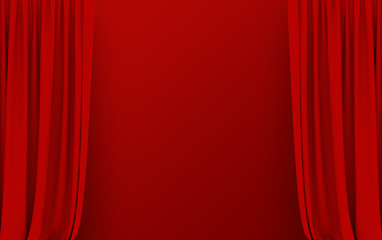 Background with 3D illustration luxury red silk velvet curtains.