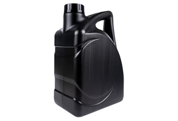 New black plastic oil canister isolated on white background with clipping path. Storage Tank. Canister for gasoline, diesel, gas. Plastic canister for technical liquids isolated over white