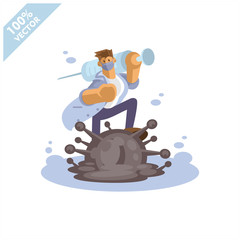 Doctor and defeated virus vector illustration. 
