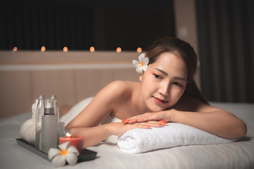 Naklejka premium Asians beautiful woman sleep spa and relax massage,Time of relax after tired from hard work,Thailand people
