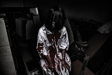 Portrait of asian woman make up ghost face,Horror scene,Scary background,Halloween poster