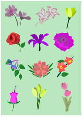 Set of floral elements. Flower red, burgundy, navy blue rose, green leaves. Wedding concept - flowers. Floral poster, invite. Vector arrangements for greeting card or invitation design