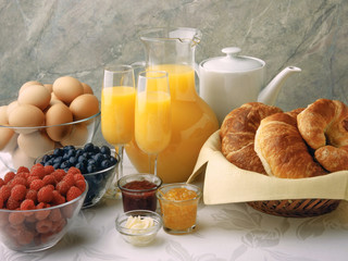 Brunch Ingredients, jam, marmalade, croissant, eggs, cherries, blueberries, raspberries, butter, orange juice