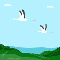 Storks fly in the blue sky, mountains, river - illustration, vector. The world of birds. Spring landscape.