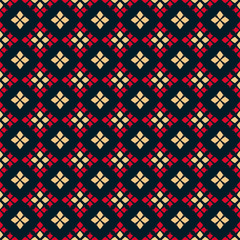 Vector geometric seamless pattern. Traditional folk ornament. Texture with small rhombuses, flower silhouettes, diamond shapes. Tribal ethnic motif. Red, yellow, black colors. Repeatable background