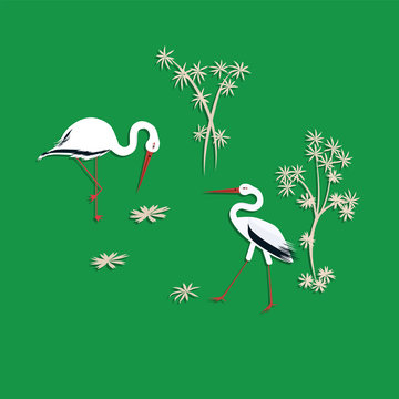 Storks - two birds stand on a light green background background - vector - World of birds.