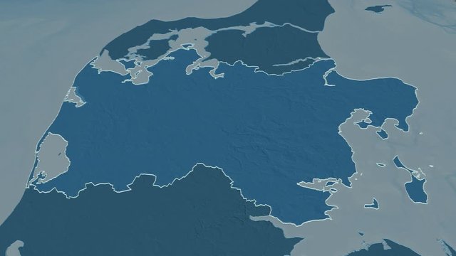 Midtjylland, region with its capital, zoomed and extruded on the administrative map of Denmark in the conformal Stereographic projection. Animation 3D