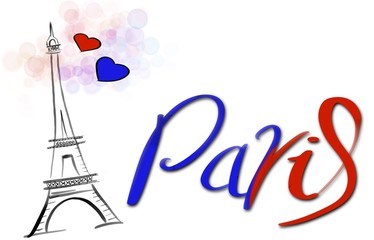 Symbol France-Eiffel tower, heart and word Paris on white background - illustration