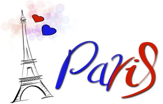 Symbol France-Eiffel tower, heart and word Paris on white background - illustration