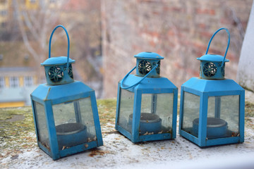 Blue table lanterns, Metal candle holders