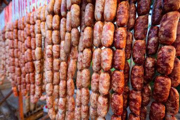 Meat salami smoked sausages hanging