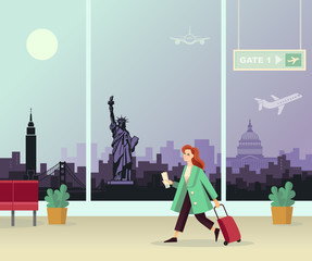 The girl with the suitcase at the airport. Against the background of an abstract panorama of the U.S. attractions.