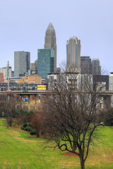 Vertical of Charlotte, North Carolina city center with expressway