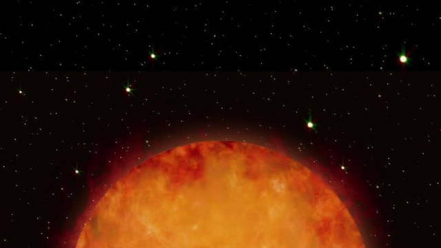 Sun star in outer space with flames and solar flares - slow movement towards the sun