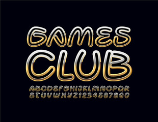 Vector stylish logo Games Club with Golden Font. Shiny Uppercase Alphabet. Handwritten Letters and Numbers set.