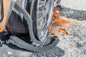 Burnt out car after a severe accident, Germany