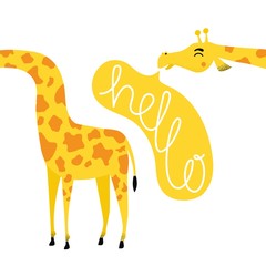 Vector illustration with long neck giraffe, yellow speech bubble and lettering word Hello
