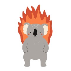 Vector illustration with koala and fire flame on background. Emblem, print design, logo on the theme of fires in Australia