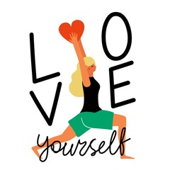 Vector illustration with healthy lifestyle woman doing exercise and holding red heart. Love yourself lettering quote