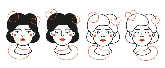 Vector illustration set with women heads and red abstract elements.