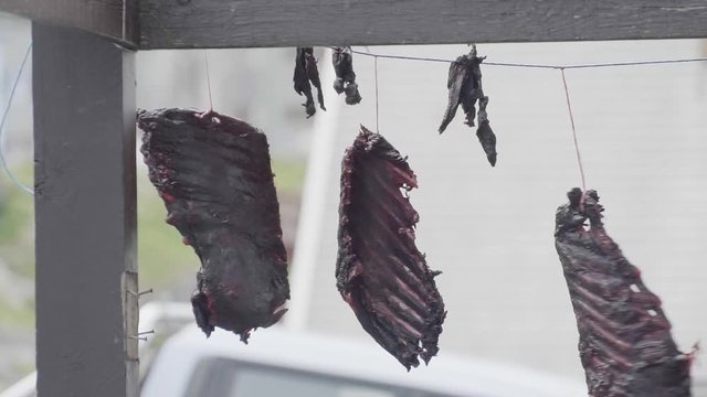 Dried Rib Cage Meat Hanging From Front Porch. Locked Off 