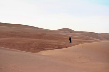 Fototapeta na wymiar Verschleierte Frau alleine in der Wüste