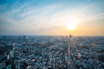 Asia Business concept for real estate and corporate construction - panoramic modern city skyline bird eye aerial view of tokyo tower and vivid blue sky in Roppongi Hill, Tokyo, Japan