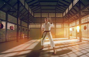 Fototapeta na wymiar Karate fighters on tatami at sunrise. Japanese hall.