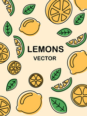 Doodle art pictures of yellow lemons and leaves.
