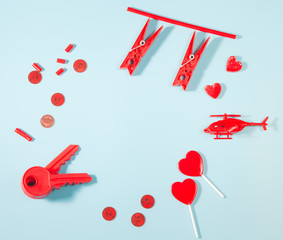 Valentine's Day background with red Heart Shaped,Rose, and Decorative red on pastel blue background. Love and Valentine's Day concept with copy space for invitation, posters, brochure, banners.