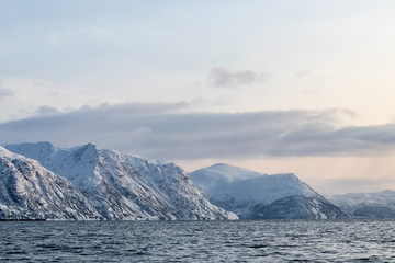 Fototapeta na wymiar Arctic landscape in winter with snowy mountains and sea. Norwegian coasts and fjords seen from the boat in the open sea. Arctic polar north europe landscape with white snow and ice