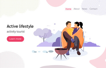 Tourists people group couple hiking. Couple man woman tourists hikers holding by fire sitting hugging on hiking camping, bask and cook food. Travelers adventure active lifestyle vector landing page