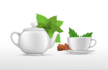 Teapot and cup blank white mugs with mint leaves and cinnamon mockup. Empty beverage ceramic crockery realistic isolated vector illustration. Realistic teacup for kitchen utensils, kitchenware.