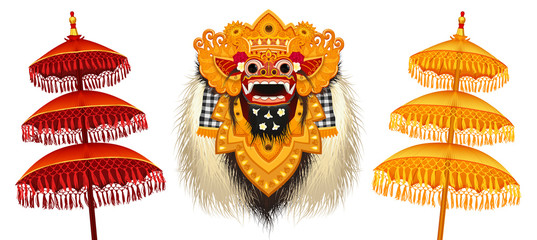 Traditional Balinese Barong mask and colorful ritual umbrellas vector illustrations set isolated on white background
