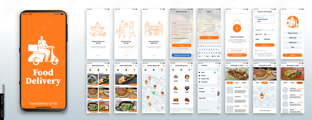 Wall mural mobile app design, ui, ux, gui mockups set. enter login and password and a screen with a choice of r