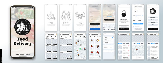 Mobile app design, UI, UX, GUI Mockups Set. Enter login and password and a screen with a choice of restaurants and cafes. City map navigation and customer reviews - obrazy, fototapety, plakaty