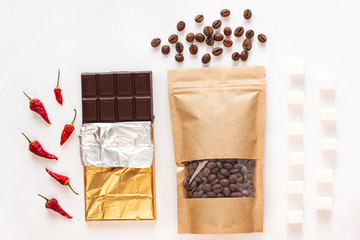 Period diet concept. Foods to avoid during menstruation bleeding flat lay. Products worsen symptoms of feminine critical days stomach pain. Coffee, caffeine drinks, dark chocolate, spices, sugar, salt
