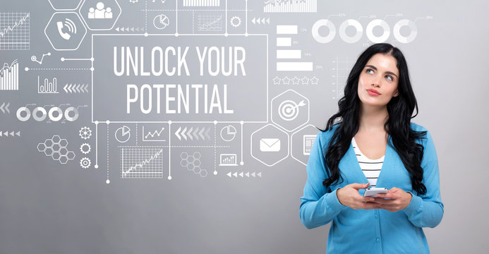 Unlock your potential with thoughtful young woman holding a smartphone