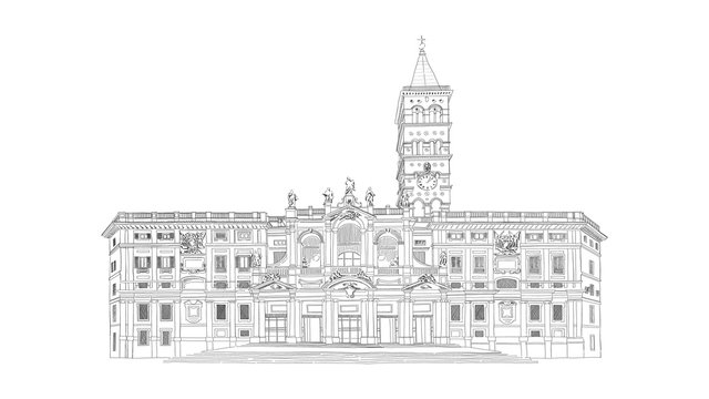 Santa Maria Maggiore, Basilica of Saint Mary Major Cathedral in Rome, black and white drawing sketch. Vector illustration.