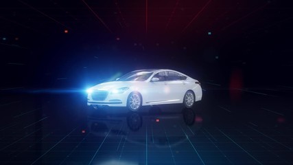 a 3D car drive in a holographic scene, made of outlines then textured.