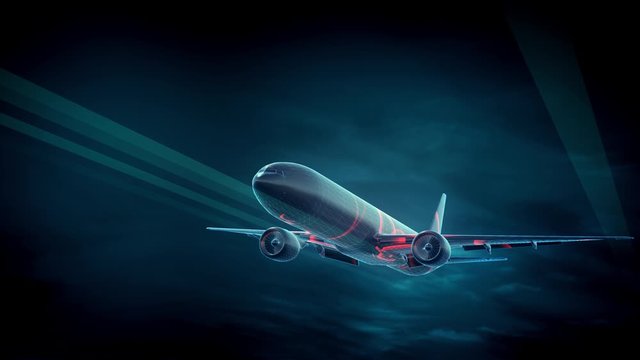 a digital plane with wifi energy across the exterior body flying in a digital space.