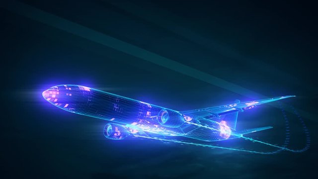 outlined plane fly into the scene in a holographic feel.