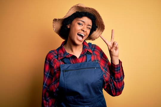 Young African American afro farmer woman with curly hair wearing apron and hat smiling with happy face winking at the camera doing victory sign. Number two.