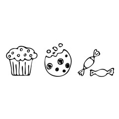 Hand drawn sweets, candy, cupcake and cookie. Vector illustration. Simple elements for design.
