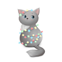 Cute little cat entangled in a Christmas garland
