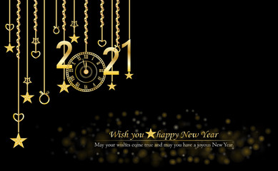 Happy New Year 2021 with glitter on black background, text design gold color, vector elements for calendar and greeting card.