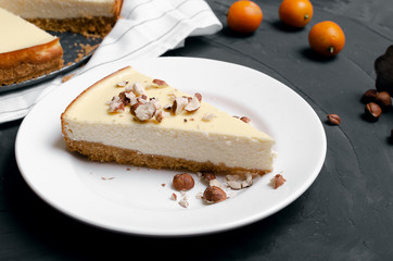 Fresh strawberry cheesecake Selective Focus, Focus on the front upper edge of the cake