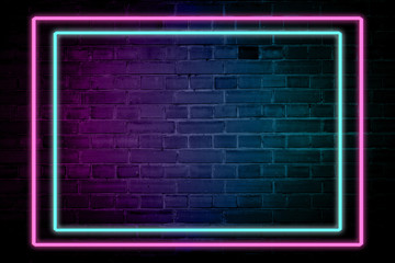 Lighting Effect frame pink and blue neon on brick wall for background party or your text. © IKvyatkovskaya