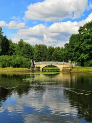 View of the pond with a bridge